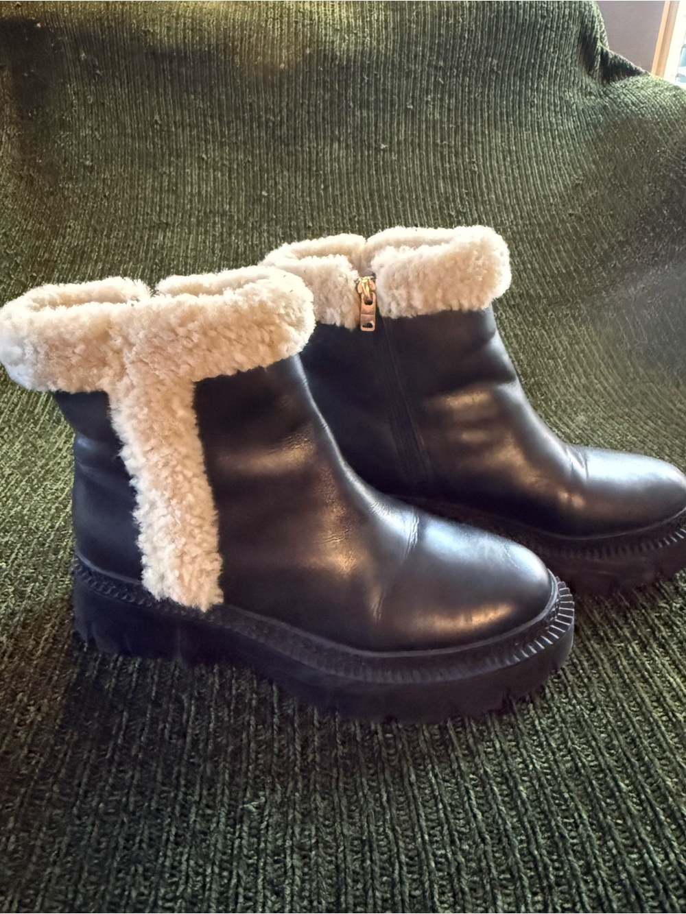 Coach Black Leather Shearling-Trim Ankle Boots
